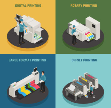 Printing house 4 isometric icons concept with digital rotary large format and offset production types vector illustration